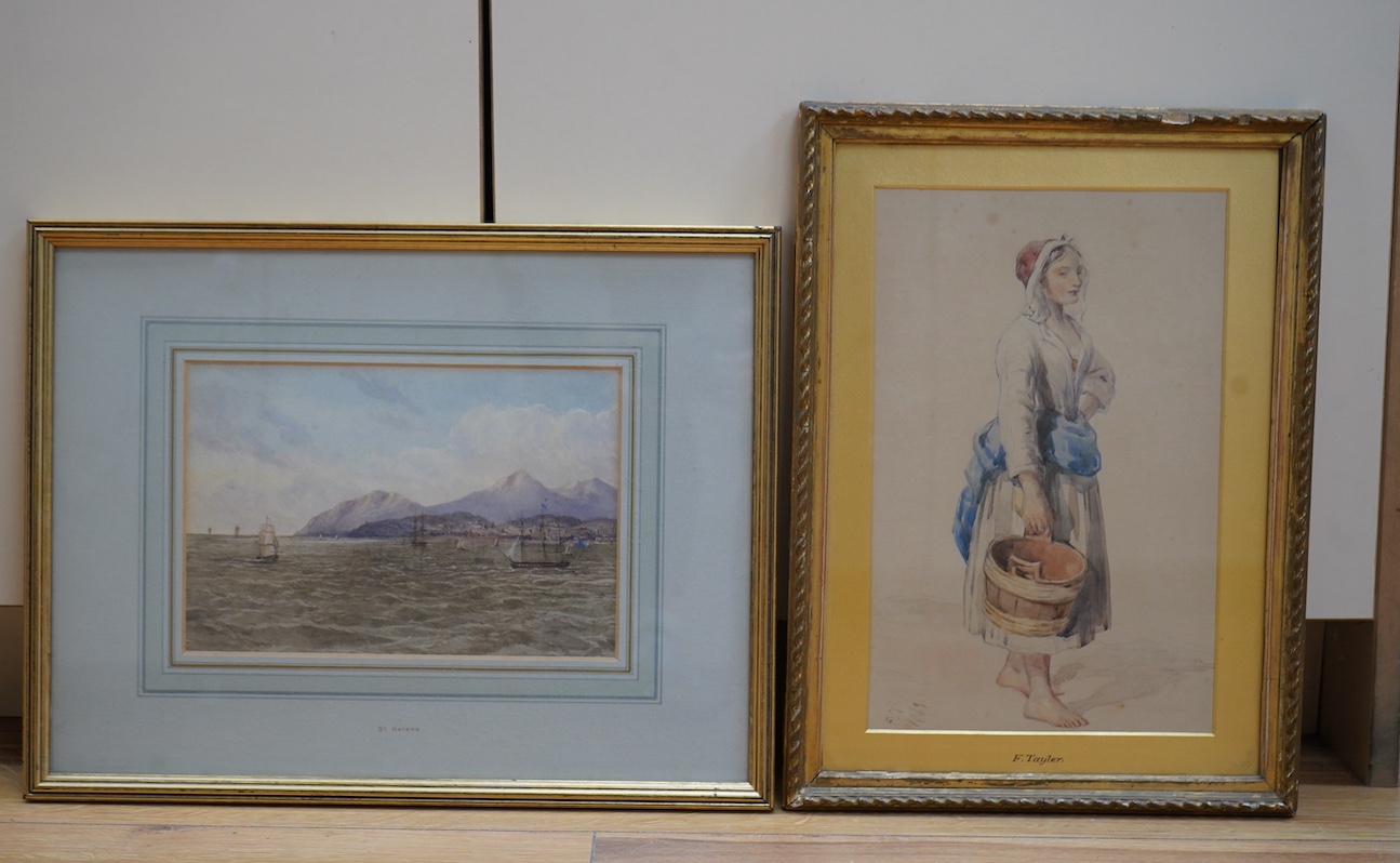 F. Tayler, watercolour, Full length study of a peasant woman, signed and dated 1863? together with an early 19th century, English School, watercolour, St. Helena, unsigned, largest 30 x 19cm. Condition - fair